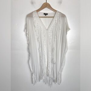 KMA Kaftan Beach Coverup Dress‎ Tunic One Size White Sequin Embroidered Midi